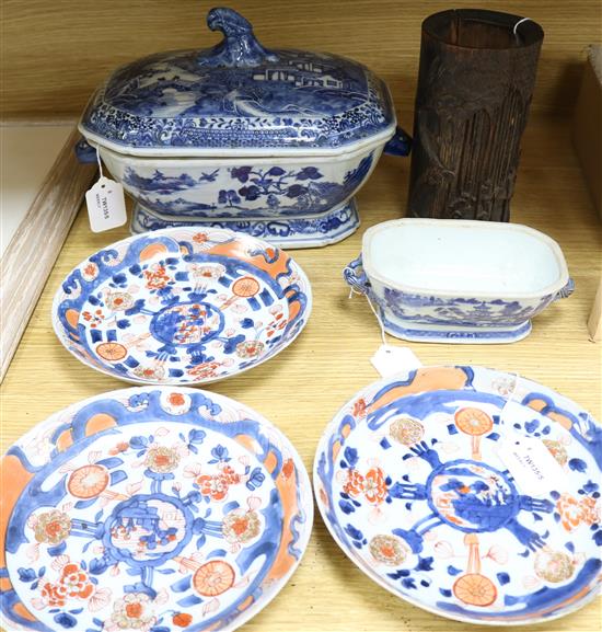 A Chinese large blue and white boars head tureen and cover and sundry items,